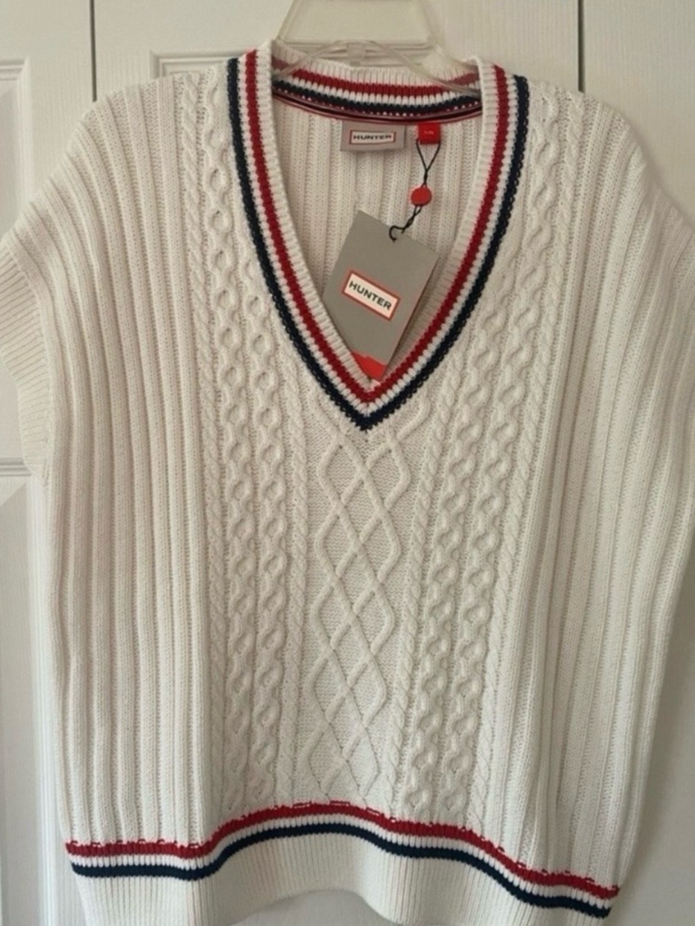 Hunter white Cable Knit V-Neck Vest with Red & Navy Trim